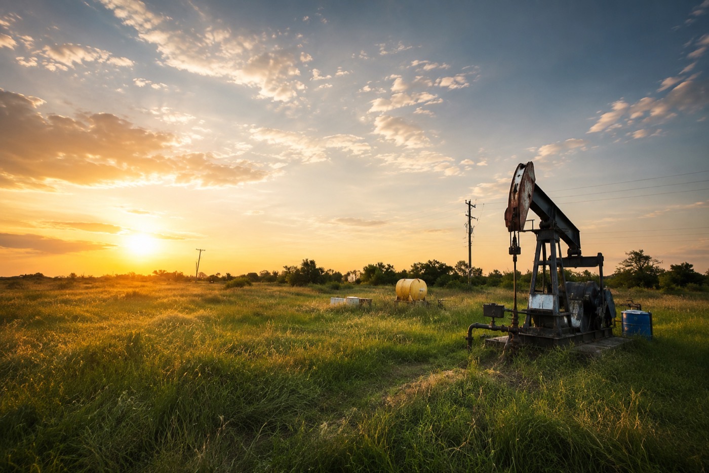 Texas oil field at sunset with storage tanks on a producing lease