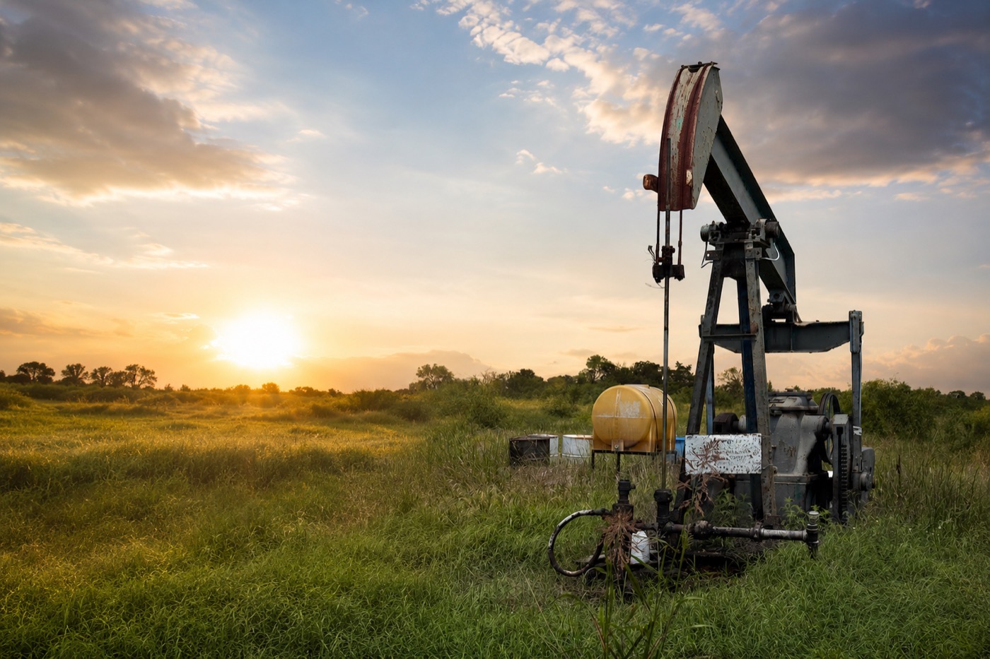 Oil pumpjack on a Calistoga producing lease in Texas at sunset